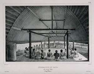 view A gathering at the ceremonial drinking of kava in the Friendly Islands. Lithograph by A. Noël after L.A. de Sainson.