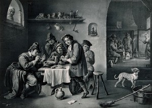 view Five men in a smoke den smoke and drink as, in the background, others play cards. Lithograph by F. Hanfstaengl, 1840, after D. Teniers.