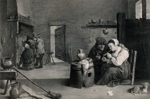 view A woman sits by a barrel table in a smoke den lighting a pipe, others stand by the fire. Lithograph by J. Selb, mid-19th century, after A. Richter after D. Teniers.