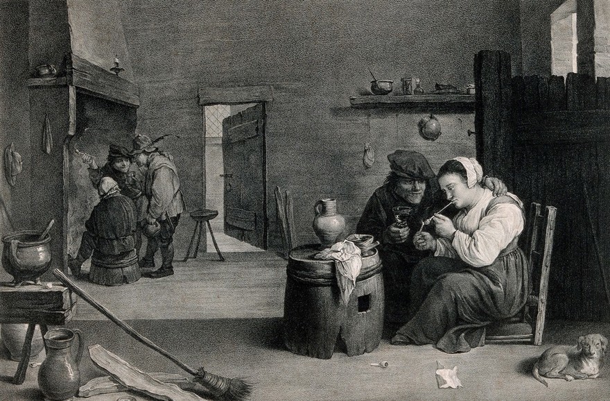 A woman sits by a barrel table in a smoke den lighting a pipe, others stand by the fire. Lithograph by J. Selb, mid-19th century, after A. Richter after D. Teniers.