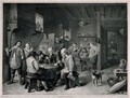view A society lunch with patrons playing dice, smoking and drinking. Lithograph by R. Leitner, mid-19th century, after D. Teniers.