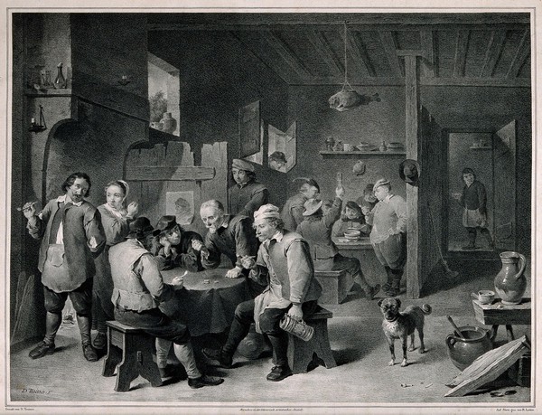 A society lunch with patrons playing dice, smoking and drinking. Lithograph by R. Leitner, mid-19th century, after D. Teniers.