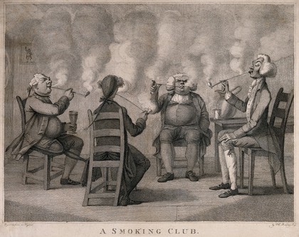 Four Georgian gentlemen sit in their club seriously engaged in smoking. Engraving with stipple by H. Bunbury, 1794.