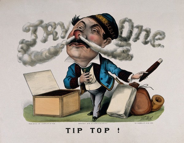 A smoker with huge head exhales cigar smoke which forms the words "try one". Coloured lithograph, c. 1879, after T. Worth.
