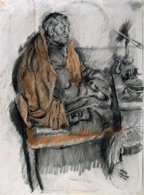 A buddhist monk sits meditating as he smokes. Black and red chalk drawing, 1926.