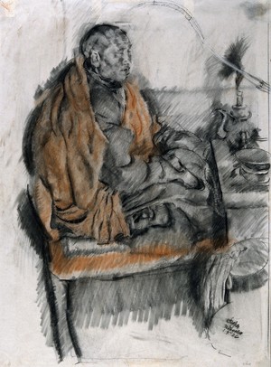 view A Buddhist monk seated. Black and red chalk drawing by R. Strasser, 1926.