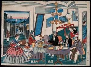 view Westerners at Yokohama, Japan, enjoying a lavish tea ceremony as a cellist plays to them. Coloured woodcut by Chikahisa, c. 1865, after Yoshikazu.