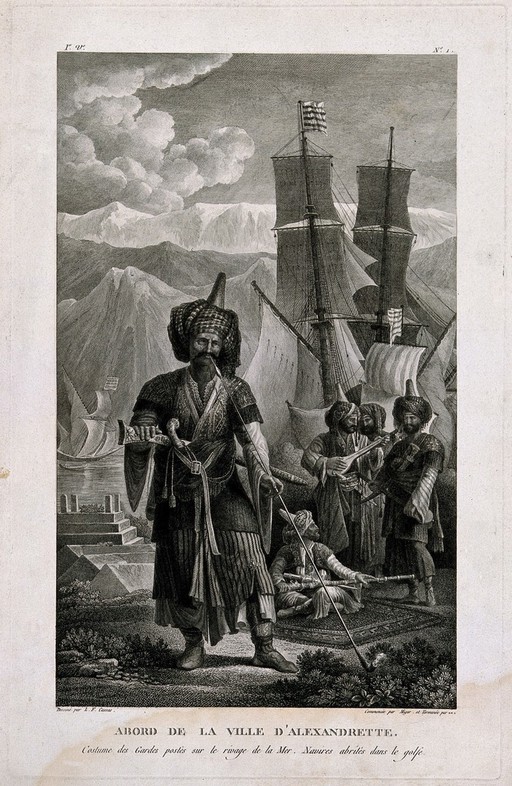 An Egyptian soldier in full military dress stands on the dock smoking a long-stemmed pipe. Engraving by S. Miger after L. F. Cassas.