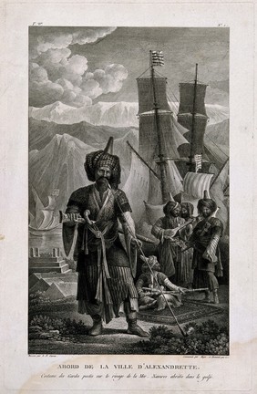 A guardsman standing on the dock in the gulf of Alexandretta, smoking a long-stemmed pipe. Engraving by S. Miger after L. F. Cassas.