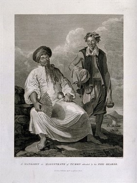 A large Chinese man sits on a rock fanning himself as his pipe-bearer stands by. Etching by J. Caldwell, c. 1796, after W. Alexander.