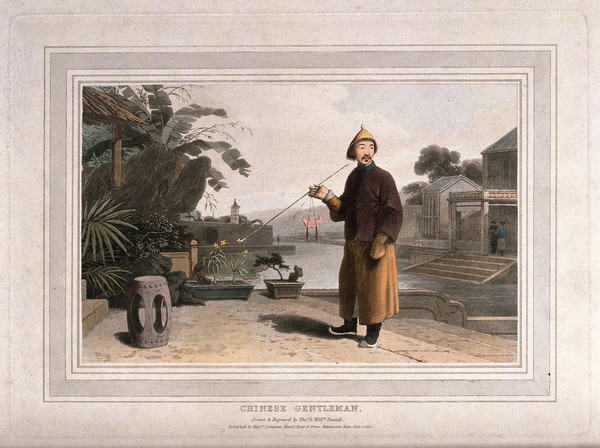 A Chinese man stands in his garden smoking a long-stemmed pipe. Coloured aquatint by T. & W. Daniell, c. 1810.