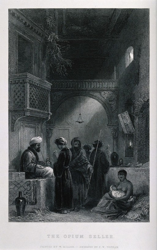 A man selling opium at night nearby a woman breast feeding her baby. Engraving by F. W. Topham, c. 1840, after W. Muller.