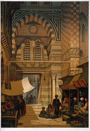 view Shops of hashish merchants on a street in Cairo. Chromolithograph by A. Preziosi, c. 1850, after himself.