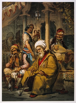 An old man smokes a long-stemmed pipe, others water-pipes, in a Turkish coffee house. Chromolithograph by A. Preziosi, 1824.