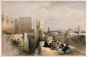 view Men sitting to smoke by the citadel of Jerusalem. Coloured lithograph by L. Haghe after D. Roberts, 1841.