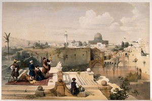 view Jerusalem: men smoking and praying with a view to the mosque of Omar. Coloured lithograph by L. Haghe, c. 1841, after D. Roberts.