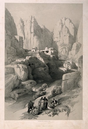 view Men sitting to smoke by a ravine at Petra, Jordan. Lithograph by L. Haghe after D. Roberts, 1839.