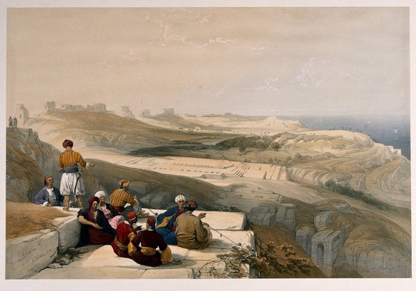 Men sitting to smoke with a panoramic view of the coast by Ashkelon, Israel. Coloured lithograph by L. Haghe, c. 1843, after D. Roberts.