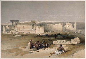 view Men resting to smoke by the ruins of Baalbeck, Lebanon. Coloured lithograph by L. Haghe after D. Roberts, 1839.