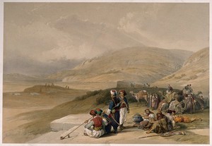 view Men resting their camels and smoking by Jacob's Well at Shechem, Palestine. Coloured lithograph by L. Haghe after D. Roberts, 1839.