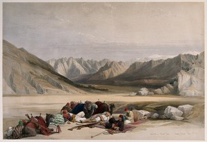 view Men resting their camels and smoking by the approach to Mount Sinai. Coloured lithograph by L. Haghe after D. Roberts, 1839.