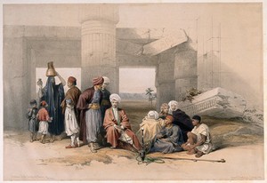 view Men talking and smoking by the ruined Temple of Amun at Thebes. Coloured lithograph, c. 1849, by L. Haghe after D. Roberts.