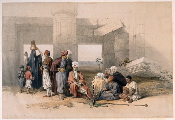 Men talking and smoking by the ruined Temple of Amun at Thebes. Coloured lithograph, c. 1849, by L. Haghe after D. Roberts.