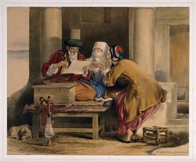 Constantinople: a man sits to write a letter as two women watch over his shoulder. Coloured lithograph by J. Nash after D. Wilkie, 1840.