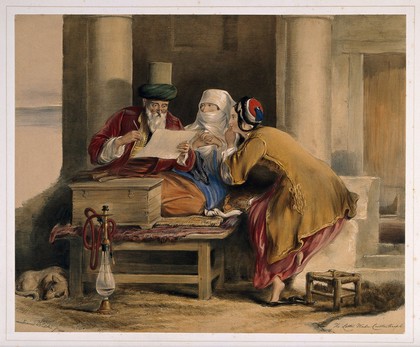 Constantinople: a man sits to write a letter as two women watch over his shoulder. Coloured lithograph by J. Nash after D. Wilkie, 1840.