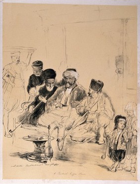 Men and two children sit smoking pipes in a Turkish coffee house. Lithograph by J. Nash after D. Wilkie, 1840.
