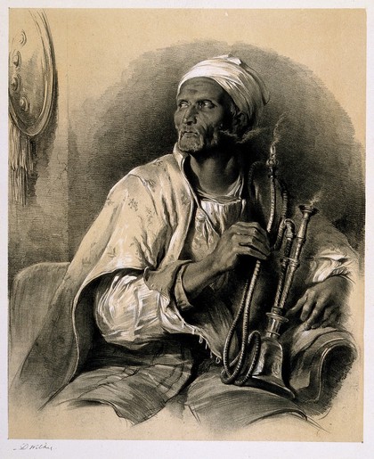 An Indian man sits with a smoking hookah on his knee. Lithograph by J. Nash, 1846, after D. Wilkie.