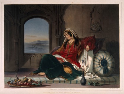 A wealthy Afghan lady reclining and smoking a hooka. Coloured lithograph by R. Carrick, c. 1848, after J. Rattray.