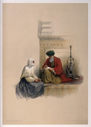 An Egyptian man sits beside his hooka writing a letter, he is watched by his client, a woman. Coloured lithograph by L. Haghe, c. 1849, after D. Roberts.