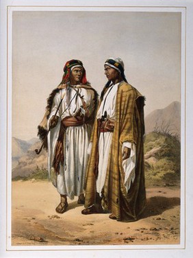 Two Arab men standing outdoors to converse and smoke. Coloured lithograph by C. Bour, c. 1870, after E. Prisse.