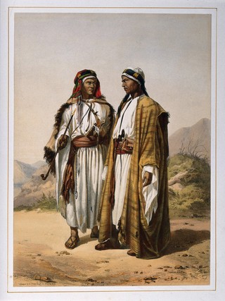 Two Arab men standing outdoors to converse and smoke. Coloured lithograph by C. Bour, c. 1870, after E. Prisse.