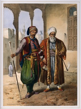 A Turkish soldier and merchant standing outdoors to smoke. Coloured lithograph by C. Bour, c. 1870, after E. Prisse.