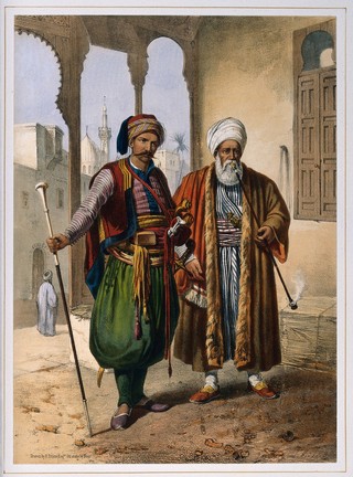 A Turkish soldier and merchant standing outdoors to smoke. Coloured lithograph by C. Bour, c. 1870, after E. Prisse.