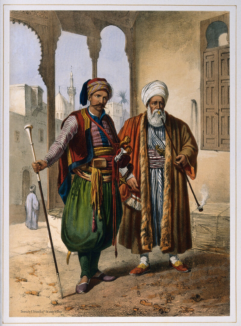 A Turkish soldier and merchant standing outdoors to smoke. Coloured lithograph by C. Bour, c. 1870, after E. Prisse., 1870, by Émile Prisse d'Avennes