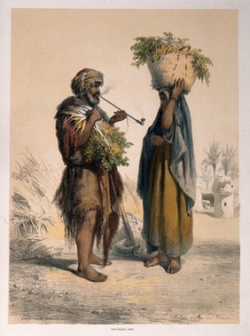 Two Egyptian peasants, the man smokes a pipe and the woman has a basket on her head. Coloured lithograph by A. Mouilleron, c. 1870, after E. Prisse.