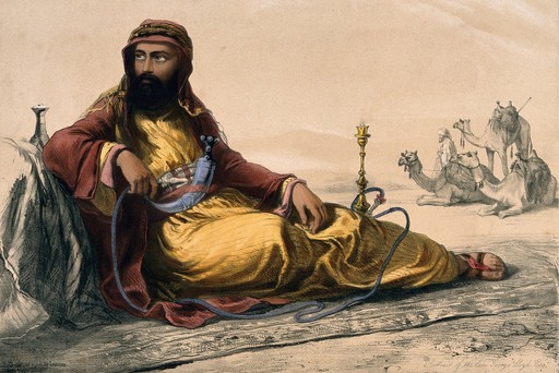 A portrait of George Lloyd in Arab dress reclining and smoking a hooka. Coloured lithograph by Lemoine, c. 1840.