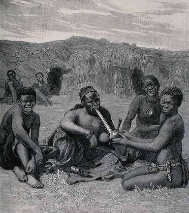 Three pictures from a missionary enterprise on the Upper Zambesia: an African chief smoking; a missionary's wife quarters; Africans building a church. Wood-engravings.