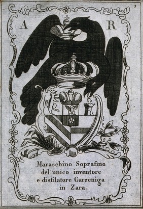 A maraschino label illustrated with two birds and a coat of arms. Engraving, 19th century.