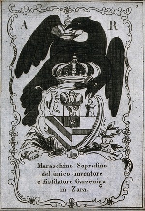 view A maraschino label illustrated with two birds and a coat of arms. Engraving, 19th century.