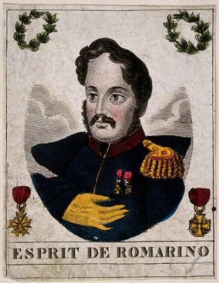 A liqueur label illustrated with the bust of a French seaman and sprigs of rosemary. Coloured engraving, 19th century.