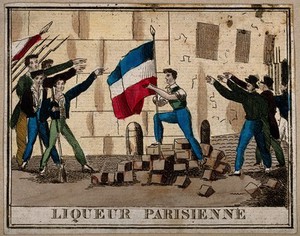 view A Parisienne liqueur label illustrated with Frenchmen saluting their national flag. Coloured engraving, 19th century.