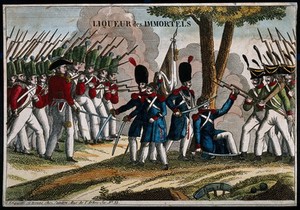 view A liqueur label illustrated with French soldiers surrendering to foreign troops. Coloured engraving, 19th century.