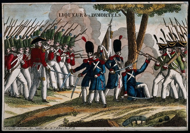 A liqueur label illustrated with French soldiers surrendering to foreign troops. Coloured engraving, 19th century.