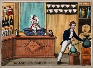 view A liqueur label illustrated with a French liquor shop interior. Coloured engraving, 19th century.