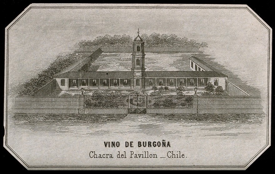A Chilean wine label illustrated with a large house and vineyard. Engraving, 19th century.
