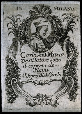 An ornamental Italian wine label illustrated with the bust of San Carlo Borromeo. Engraving, 19th century.